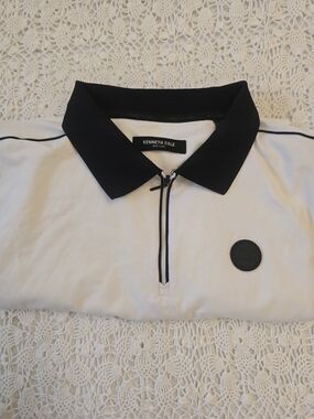 Kenneth Cole Men's White Polo Shirt with Black Collar